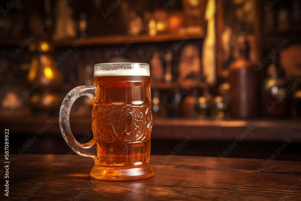 Amber beer ale in glass mug in tavern pub. Generative AI