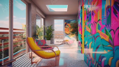 psychedelic 70's balcony - nostalgic 70's theme with vibrant and eye-catching psychedelic art on simple plain wall background - ideal for real estate photography and interior design. generative ai