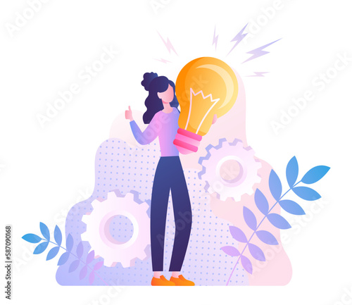 Woman with idea. Young girl holds light bulb in her hands. Creative personality with insight, brainstorming. Smart worker, education and self development. Cartoon flat vector illustration