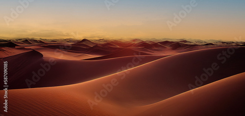 Panorama banner of sand dunes Sahara Desert at sunset. Endless dunes of yellow sand. Desert landscape Waves sand nature. 