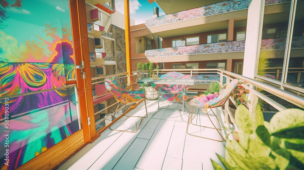 psychedelic 70's balcony - nostalgic 70's theme with vibrant and eye-catching psychedelic art on simple plain wall background - ideal for real estate photography and interior design. generative ai