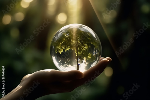 hands holding earth drop in the nature, earth day concept. Generative AI