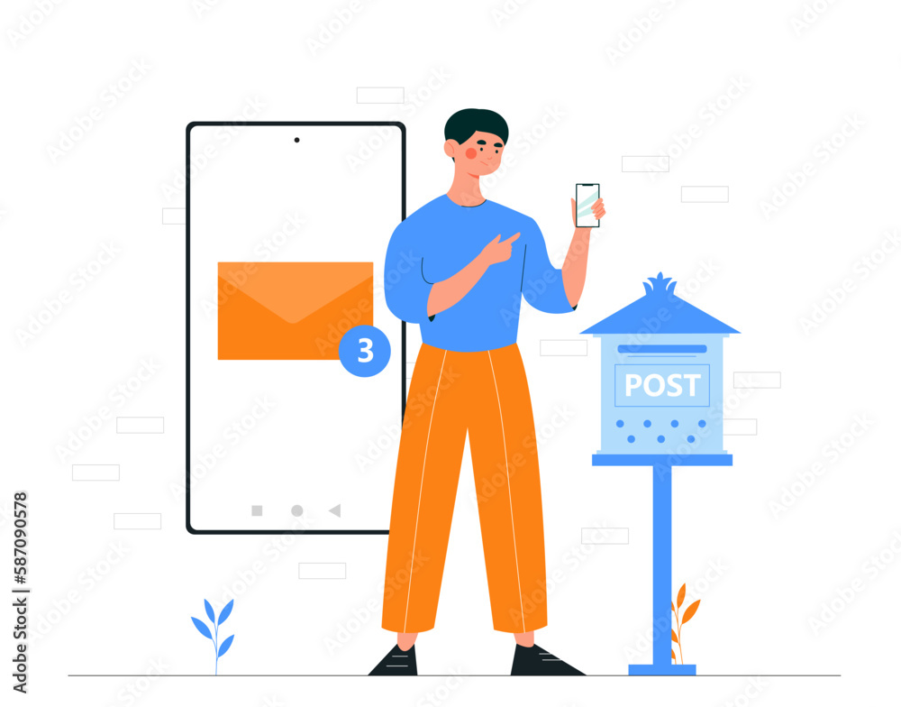 Man at mail. Young guy standing near mailbox with letter. Remote communication and correspondence. Sending post letter service Man at mail. Young guy standing near mailbox with letter. Remote communication and correspondence. Sending post letter service