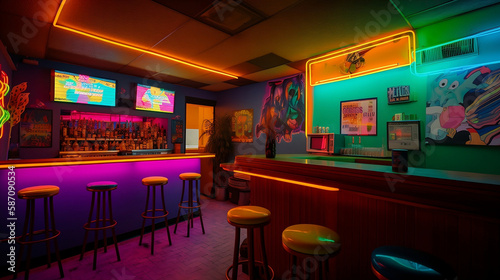 psychedelic 70 s bar - nostalgic 70 s theme with vibrant and eye-catching psychedelic art on simple plain wall background - ideal for real estate photography and interior design. generative ai