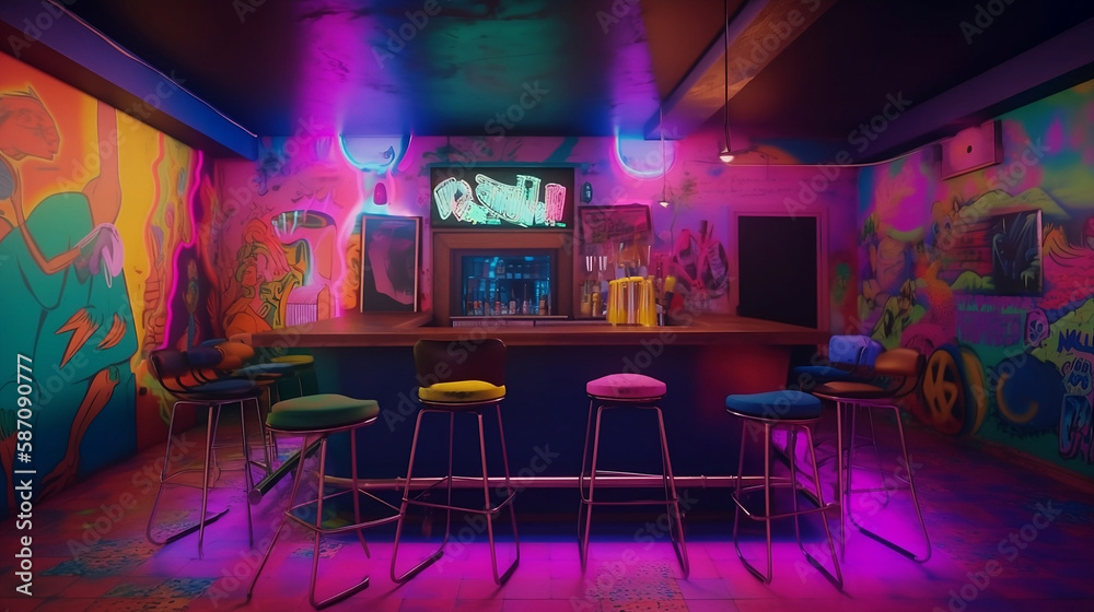 psychedelic 70's bar - nostalgic 70's theme with vibrant and eye-catching psychedelic art on simple plain wall background - ideal for real estate photography and interior design. generative ai