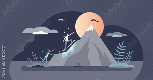 Overcoming obstacles and personal growth to reach top tiny person concept. Challenge effort and determination for success and leader ambition vector illustration. Leadership support for progress.