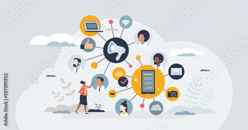 Digital literacy as ability to read and analyze data tiny person concept. Information knowledge and analytics from social media posts, publications and news vector illustration. Online wisdom training photo
