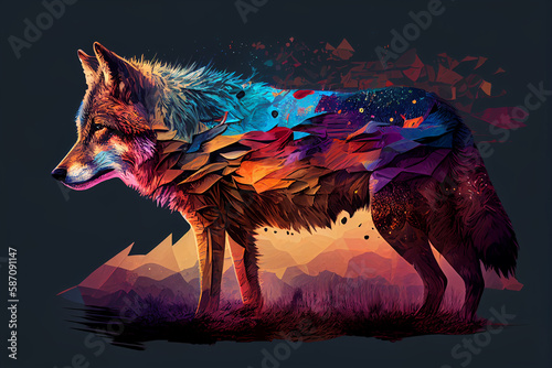 A colorful Illustration of a wolf in a polygonal style on a dark background generative ai © Creative