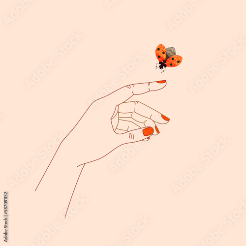 Woman's hand palm with red painted fingernails, with index finger extended forward, holds ladybird. Manicure and hand skin care concept. Vector illustration with textures in cartoon style. 