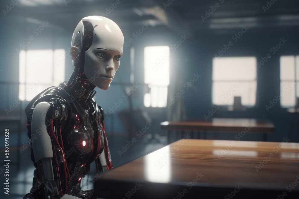 The robot is sitting at the table. AI generative. The robot is sitting at the table. AI generative.