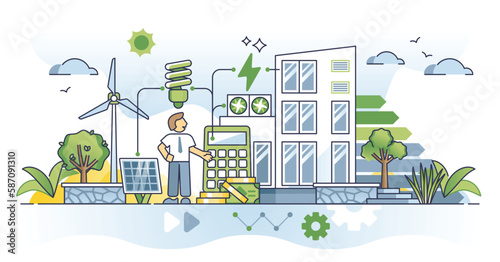 Sustainable business practices in nature friendly company outline concept. Environmental climate resources consumption with alternative energy usage for corporate factory needs vector illustration.
