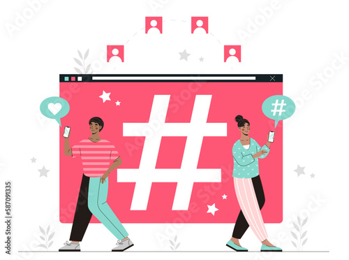 People near hashtag. Man and woman with smartphones. Promotion in social networks and messengers, interesting content, modern communication. Cartoon flat vector illustration