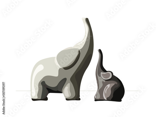 Abstract figures of mother elephant and baby elephant raising their trunks up.