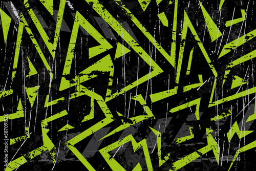 Geometric grunge black background with green lines and ornaments. Old ruined and scratched background.