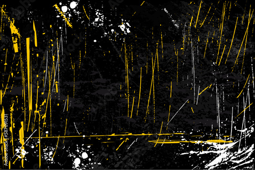 Grunge black background with yellow and white lines and scratches. Old ruined and scratched background.