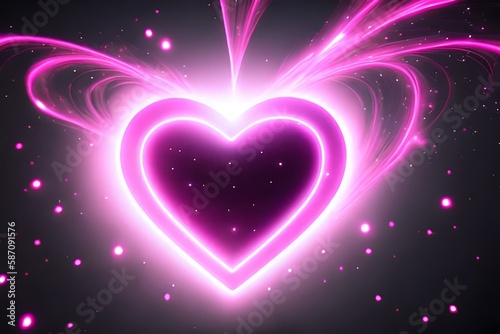 Pink heart light strike outline in dark deep space with star dots. Love and emotion topic 3D illustration