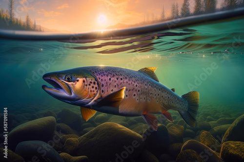 Salmon swimming under water, with landscape above the surface - AI Generated