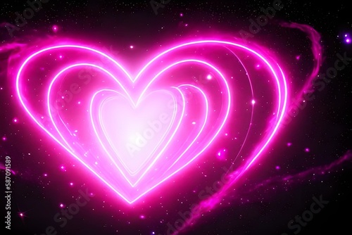 Pink heart light strike outline in dark deep space with star dots. Love and emotion topic 3D illustration