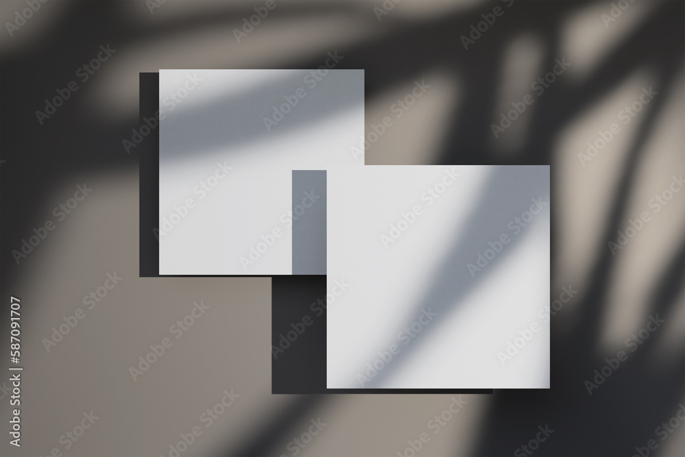 Mockup of two square greeting cards with leaf shadow overlay