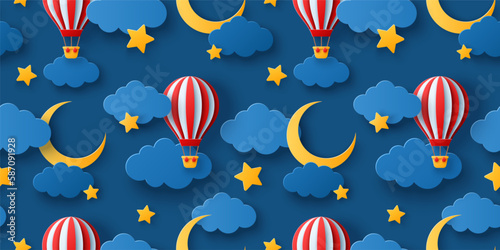 Seamless pattern with fluffy clouds on dark sky background, gold moon crescent, stars and red hot air balloon. Vector illustration. Paper cut style. Good night baby wallpaper