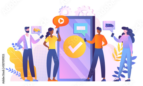 People with smartphone. Men and women near phone screen. Gadgets and devices modern technology. Female and male characters in social networks and messengers. Cartoon flat vector illustration