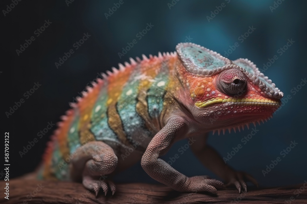 Fototapeta premium Multi-colored chameleon on a branch. AI generative.