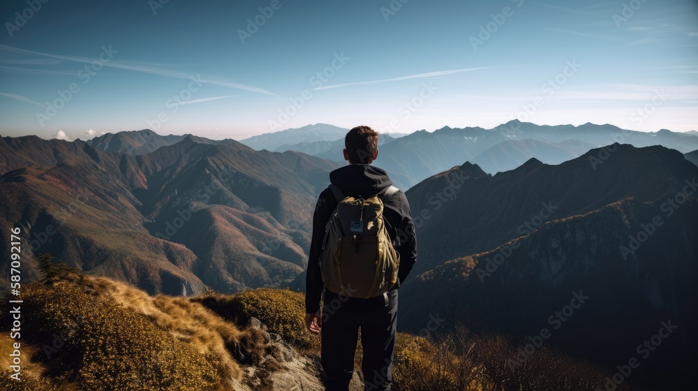 backside of a satisfied hiker looking at mountains and valley, ai generated