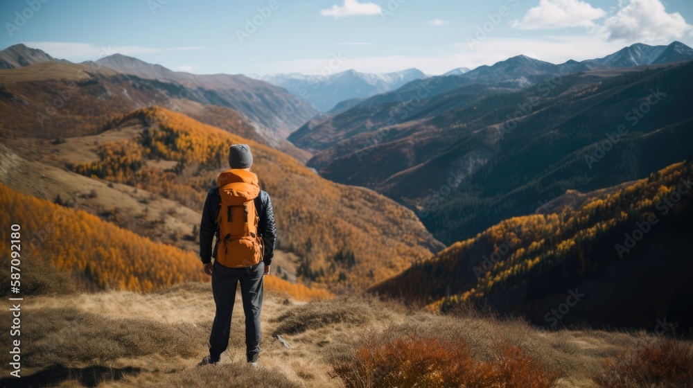 backside of a satisfied hiker looking at mountains and valley, ai generated