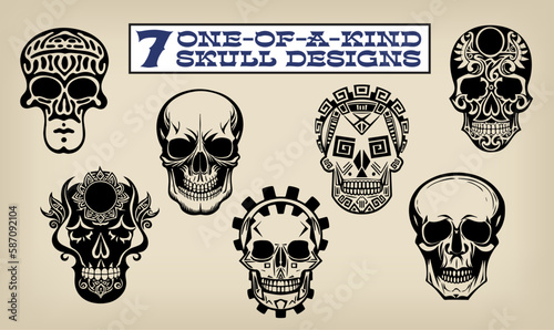 A collection of 7 one-of-a-kind graphic art skull designs, each with a unique artistic look and vibe.