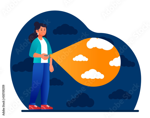 Struggle anxiety concept. Woman with lantern in dark. Mental health and psychology. Frightened character in dark place. Psychological life improvement. Cartoon flat vector illustration