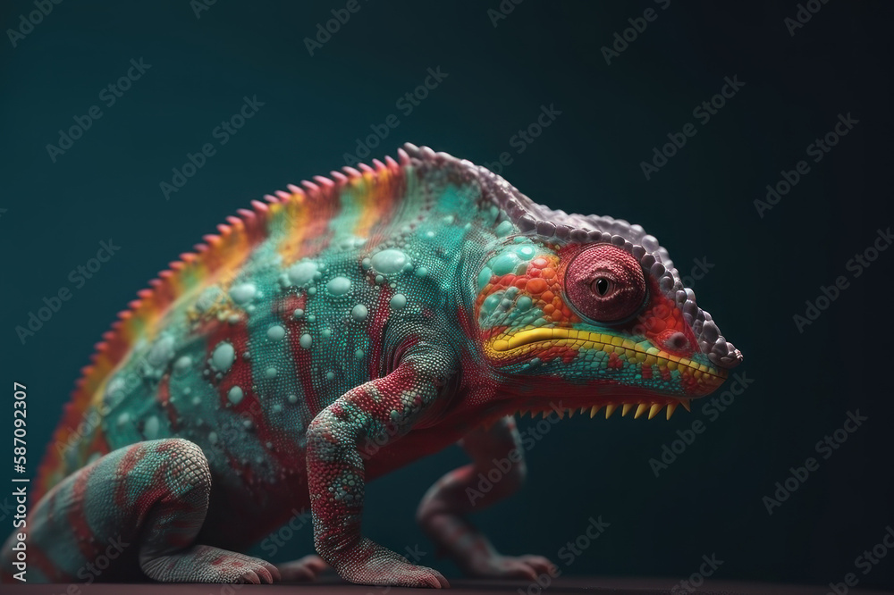 Obraz premium Multicolored chameleon on a blue background. AI generative.