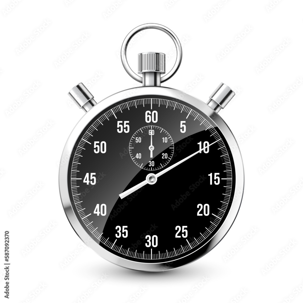 Realistic classic stopwatch. Shiny metal chronometer, time counter with dial. Countdown timer showing minutes and seconds. Time measurement for sport, start and finish. Vector illustration Realistic classic stopwatch. Shiny metal chronometer, time counter with dial. Countdown timer showing minutes and seconds. Time measurement for sport, start and finish. Vector illustration