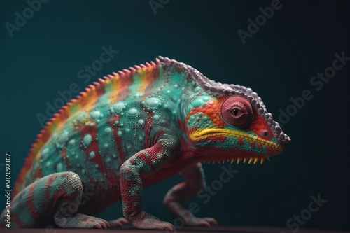 Multicolored chameleon on a blue background. AI generative.