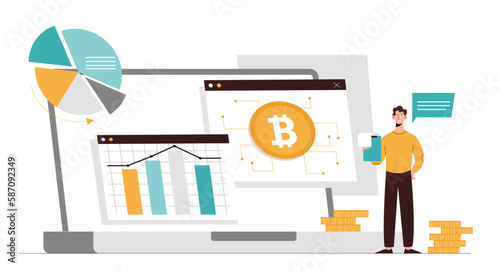 Technologies fintech concept. Man evaluates graphs and charts, analyzes bitcoin and cryptocurrency. Investing and trading, financial literacy and passive income. Cartoon flat vector illustration