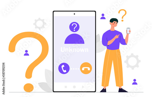 Unknown call concept. Man stands with smartphone and answers call. Decline or accept incoming signal. Phishing and scam, hacker and scammer. Cartoon flat vector illustration