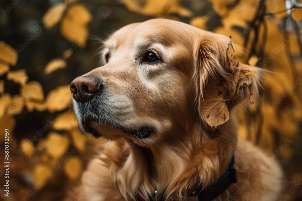 A golden retriever is depicted on yellow foliage. Generative AI A golden retriever is depicted on yellow foliage. Generative AI