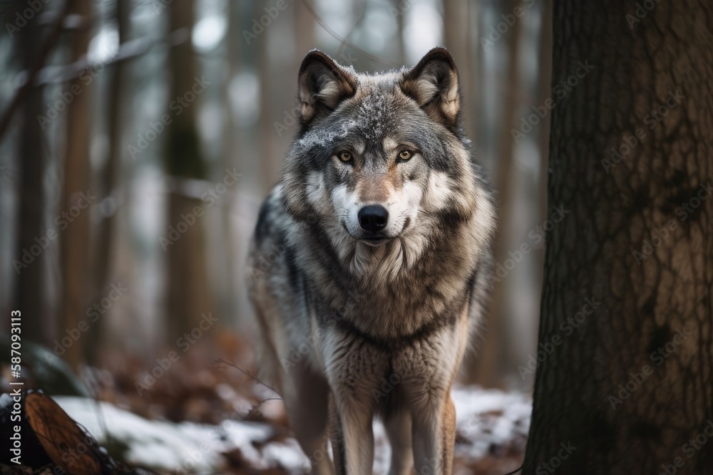 Canis lupus, the gray wolf, standing in a forest. Generative AI