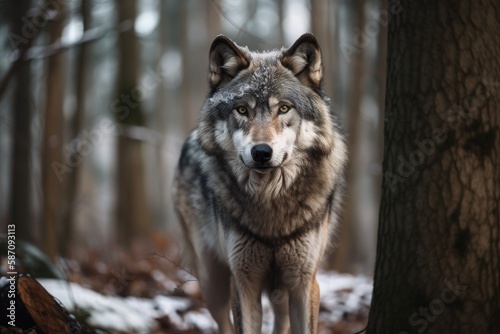 Canis lupus  the gray wolf  standing in a forest. Generative AI