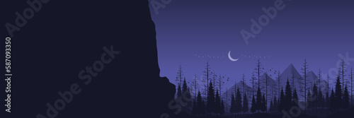 sunset sky nature landscape forest silhouette flat design vector illustration good for banner, background, backdrop, web banner, ads banner, tourism banner, and wallpaper