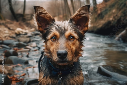 After playing in a stream on a walk  a young dog looks at the camera. Generative AI