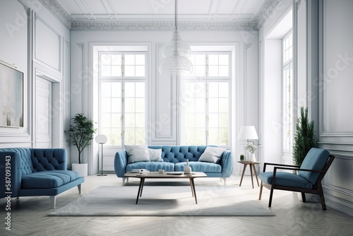 Farmhouse living room design  blue furniture on vacant white backdrop . Generative AI