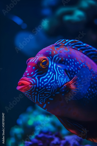 Blackbelly Triggerfish, Blue fish , unerwater view. Generative AI Illustration