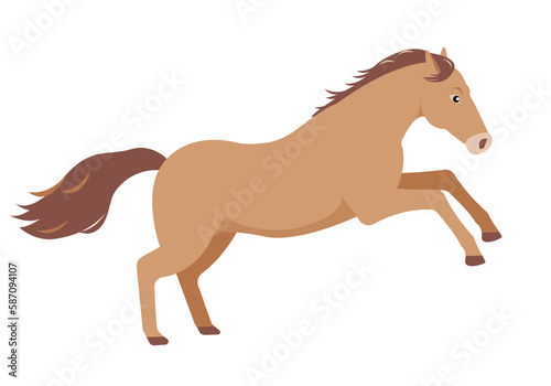 Brown running Horse. Farm domestic animal icon isolated on white background. Vector flat or cartoon illustration.