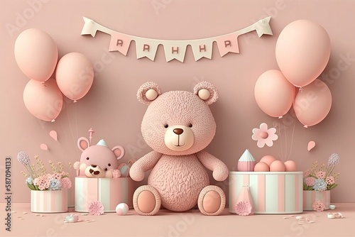 congratulatory decor for the birthday of a girl happy birthday, teddy bear, , generative AI