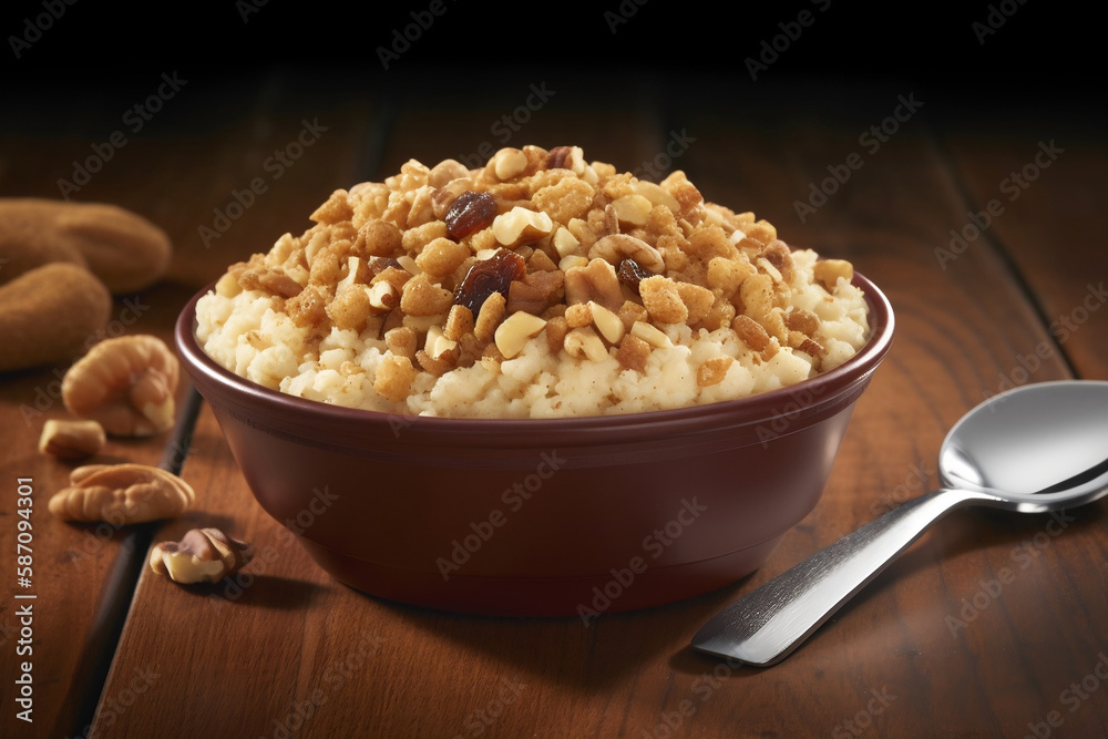 classic bowl of oatmeal topped with brown sugar, nuts, and raisins - a warm and comforting breakfast choice, start your day right, delicious breakfast options to satisfy every craving. generative ai classic bowl of oatmeal topped with brown sugar, nuts, and raisins - a warm and comforting breakfast choice, start your day right, delicious breakfast options to satisfy every craving. generative ai