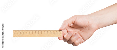 Hand holding a wooden ruler, cut out