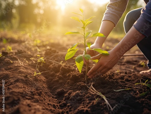 Person, die Bäume pflanzt oder in einem Gemeinschaftsgarten arbeitet, um die lokale Nahrungsmittelproduktion und die Wiederherstellung von Lebensräumen zu fördern, Konzept , created with Generative AI
