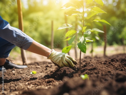 Person, die Bäume pflanzt oder in einem Gemeinschaftsgarten arbeitet, um die lokale Nahrungsmittelproduktion und die Wiederherstellung von Lebensräumen zu fördern, Konzept , created with Generative AI