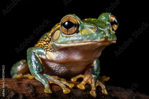 Tree frog on branch, dumpy frog on branch, close up of an amphibian, and litoria caerulea on green leaves. Generative AI