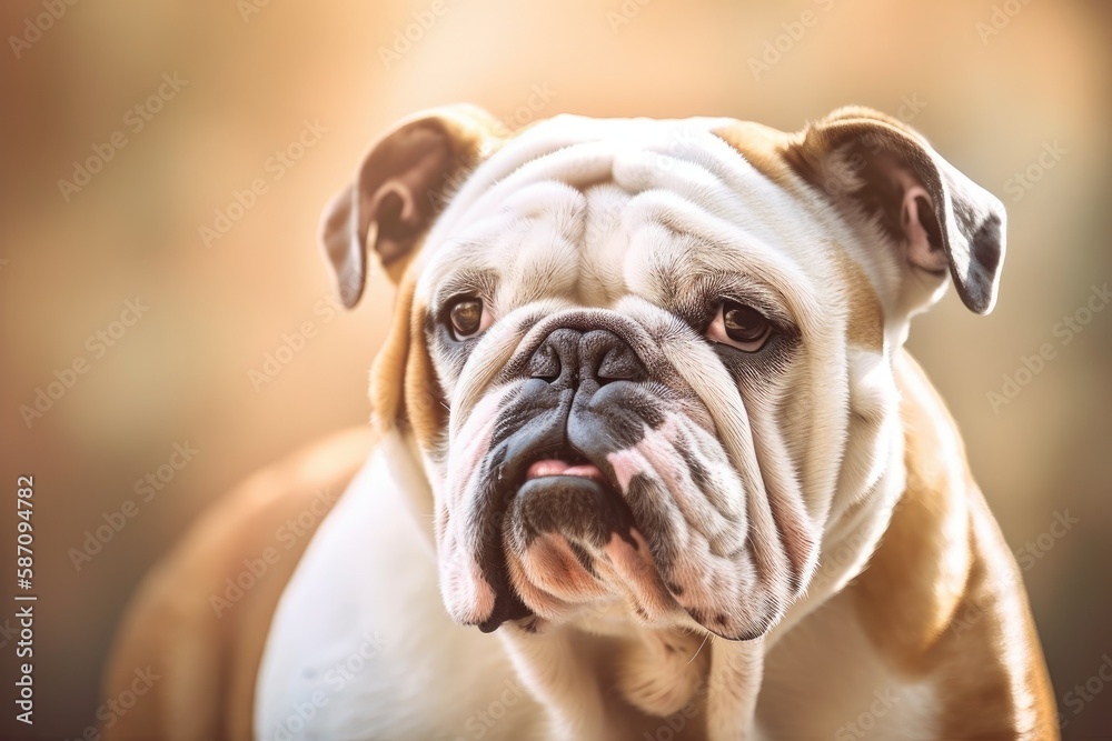 Bulldog dog portrait against a fuzzy background. Generative AI